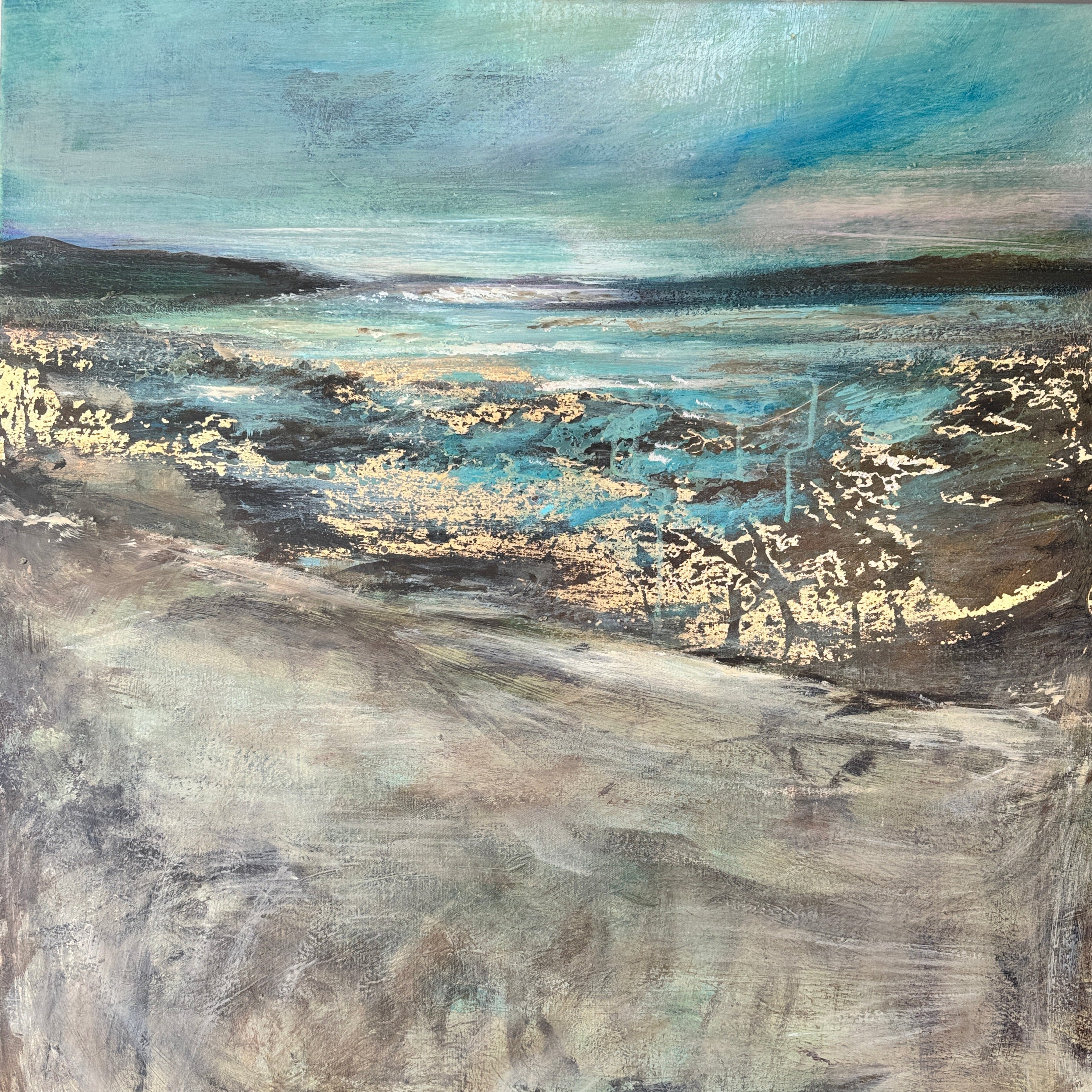 Abstract painting with teal, gold leaf , and grey on canvas
